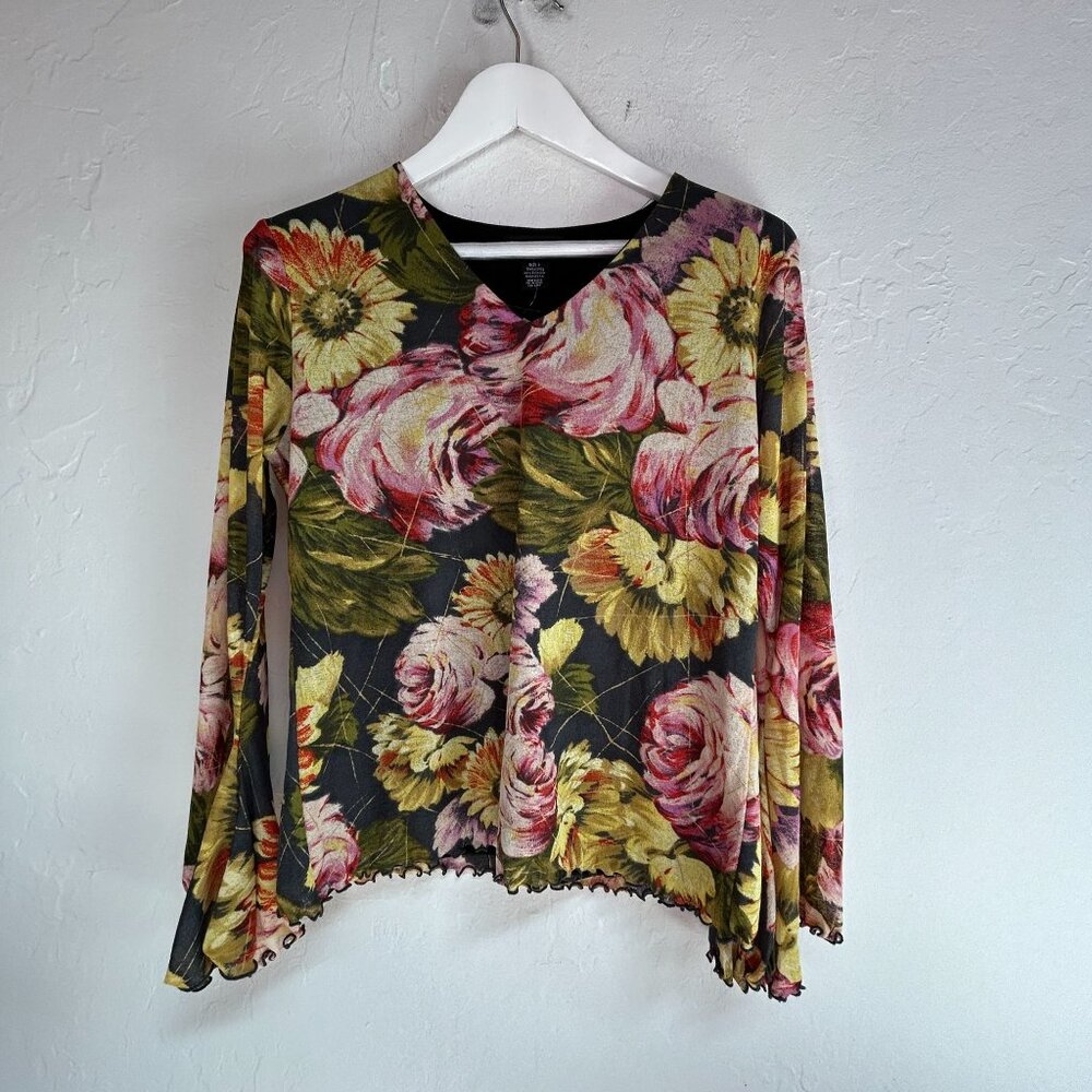 Style & Co Womens Large Secret Garden Floral Long Sleeve  V-Neck Top Casual New